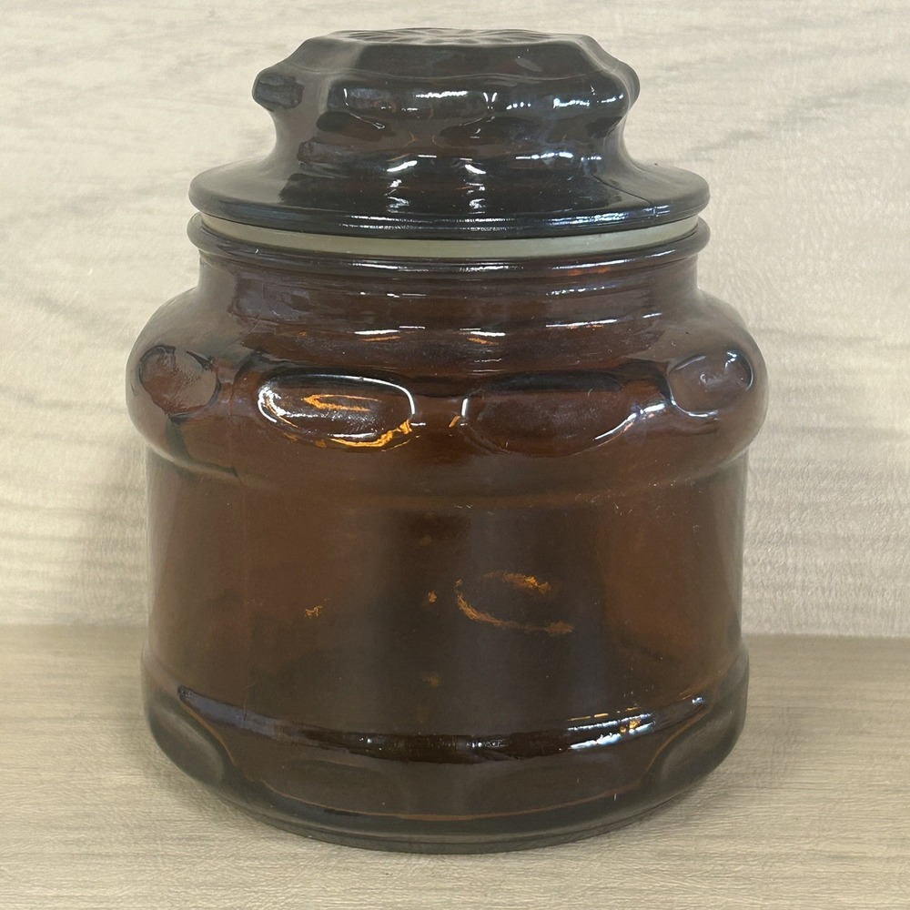 Vintage Dark Brown Amber Glass Apothecary Canister Spice Jar Starburst Lid - Picture 2 of 8